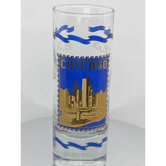 Vintage Tall Chicago Blue And Gold Shot Glass w/ embossed raised pattern clouds - Picture 1 of 3